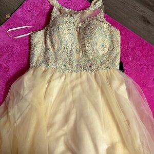 Chicas Gold and Blue Embellished Tiered Gown for Prom